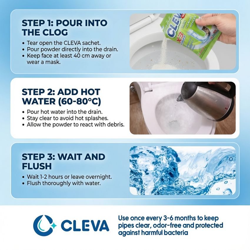 Three steps to use CLEVA Drain Cleaner Powder