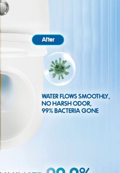 Toilet bowl after CLEVA — water flows smoothly, 99% of bacteria gone