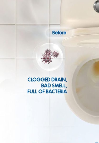 Toilet bowl before cleaning — clogged, stained and full of bacteria